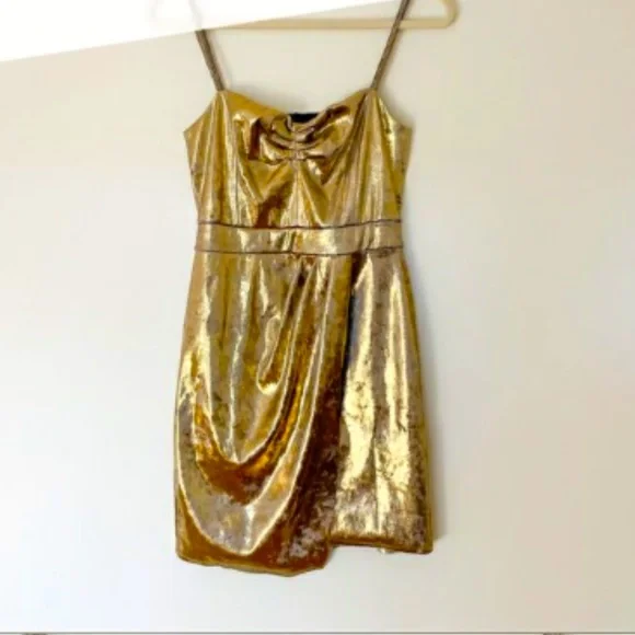 slim fit dress slacks Embellished Bandeau Cowl-Waist Mini Dress in Gold - 8